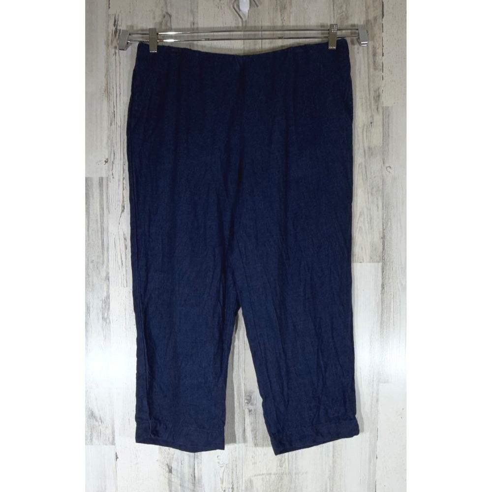 Pure Jill Linen Cropped Pants Large (36x23.5) Navy Pull On Relaxed Fit Casual